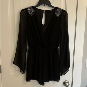Black Sheer Long Sleeve Romper with Embellished Shoulders
